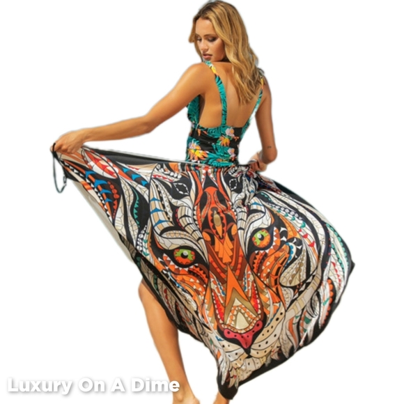 Colorful Swim Coverup Convertible Spaghetti Strap Swimwear Dress Sarong Lion - Picture 3 of 8